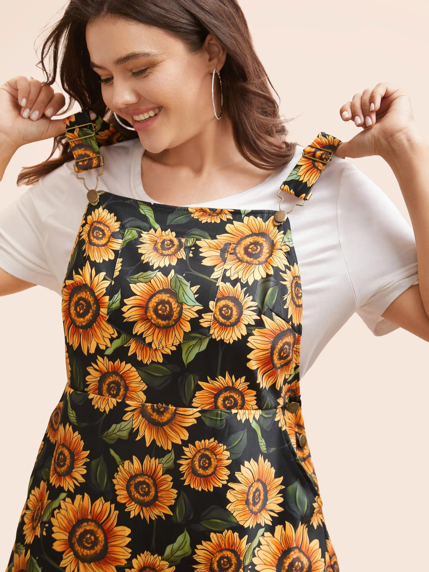 Floral Adjustable Straps Patched Pocket Overall Dress