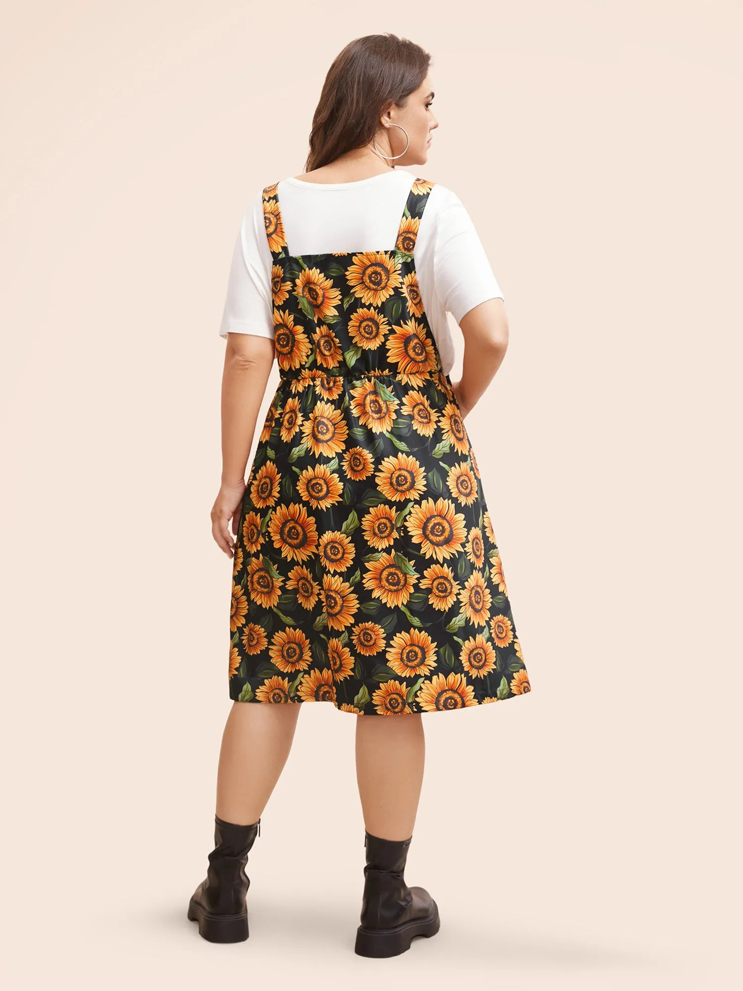 Floral Adjustable Straps Patched Pocket Overall Dress