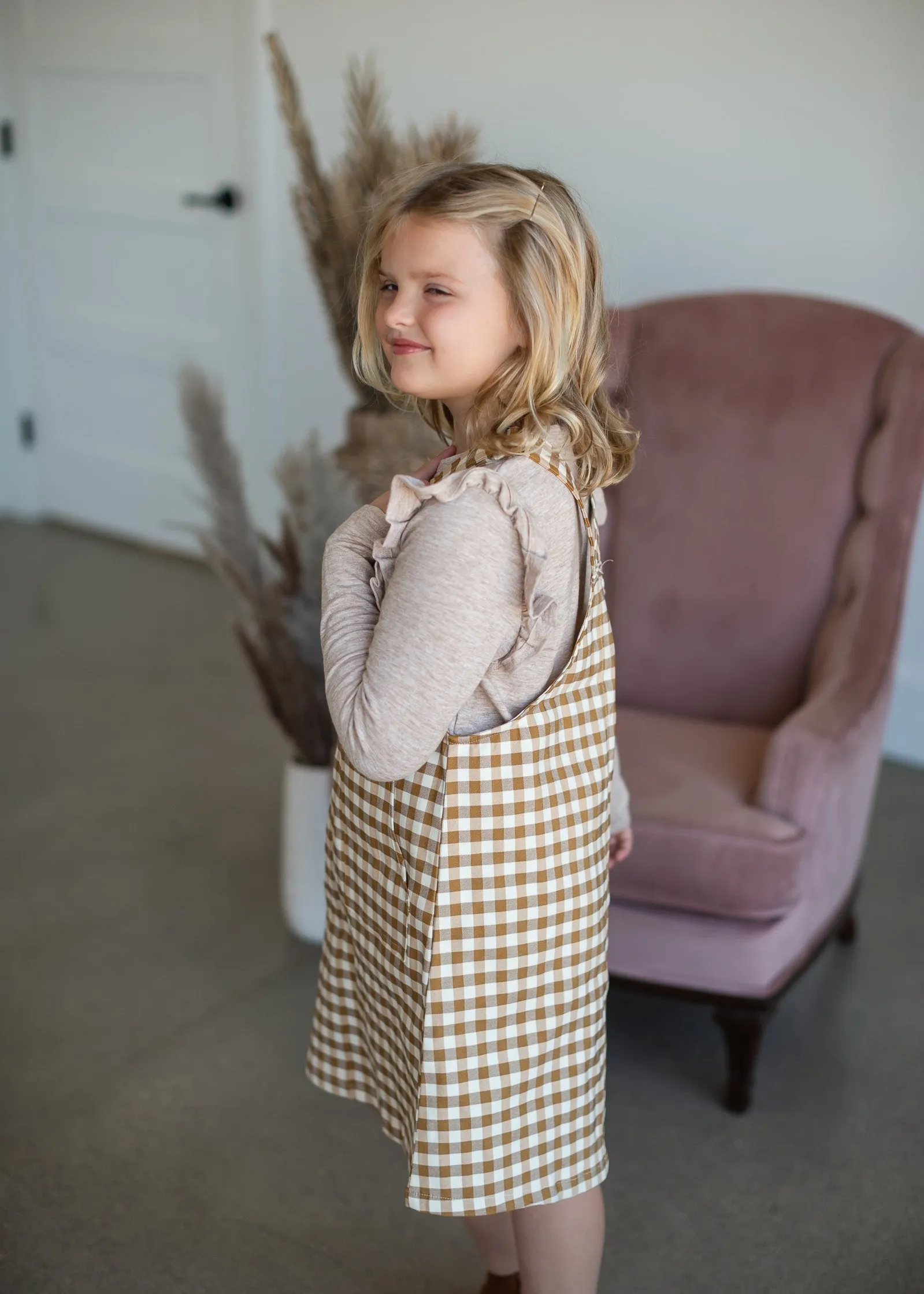 Girls Gingham Racerback Overall Pocketed Dress-FINAL SALE