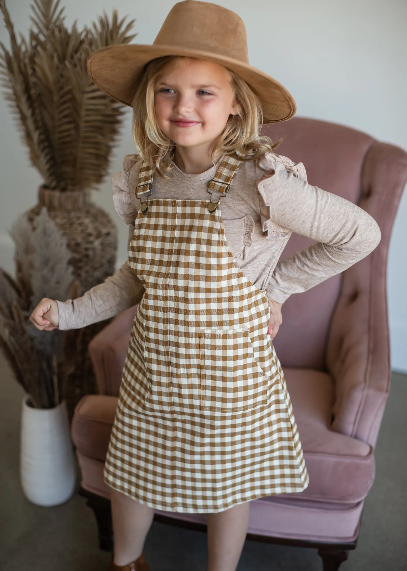 Girls Gingham Racerback Overall Pocketed Dress-FINAL SALE