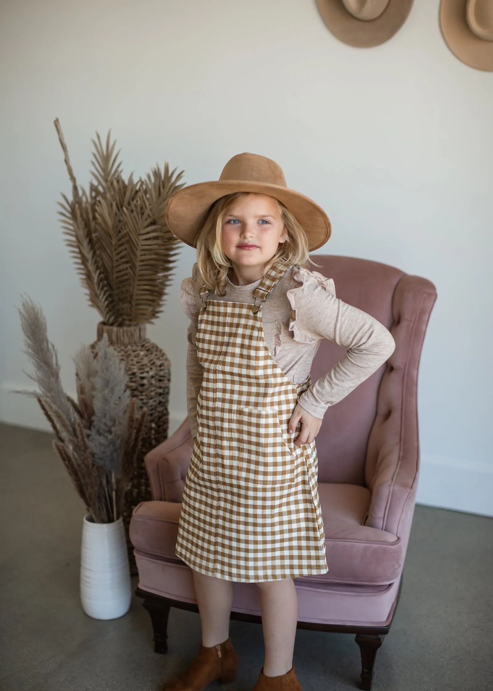 Girls Gingham Racerback Overall Pocketed Dress-FINAL SALE