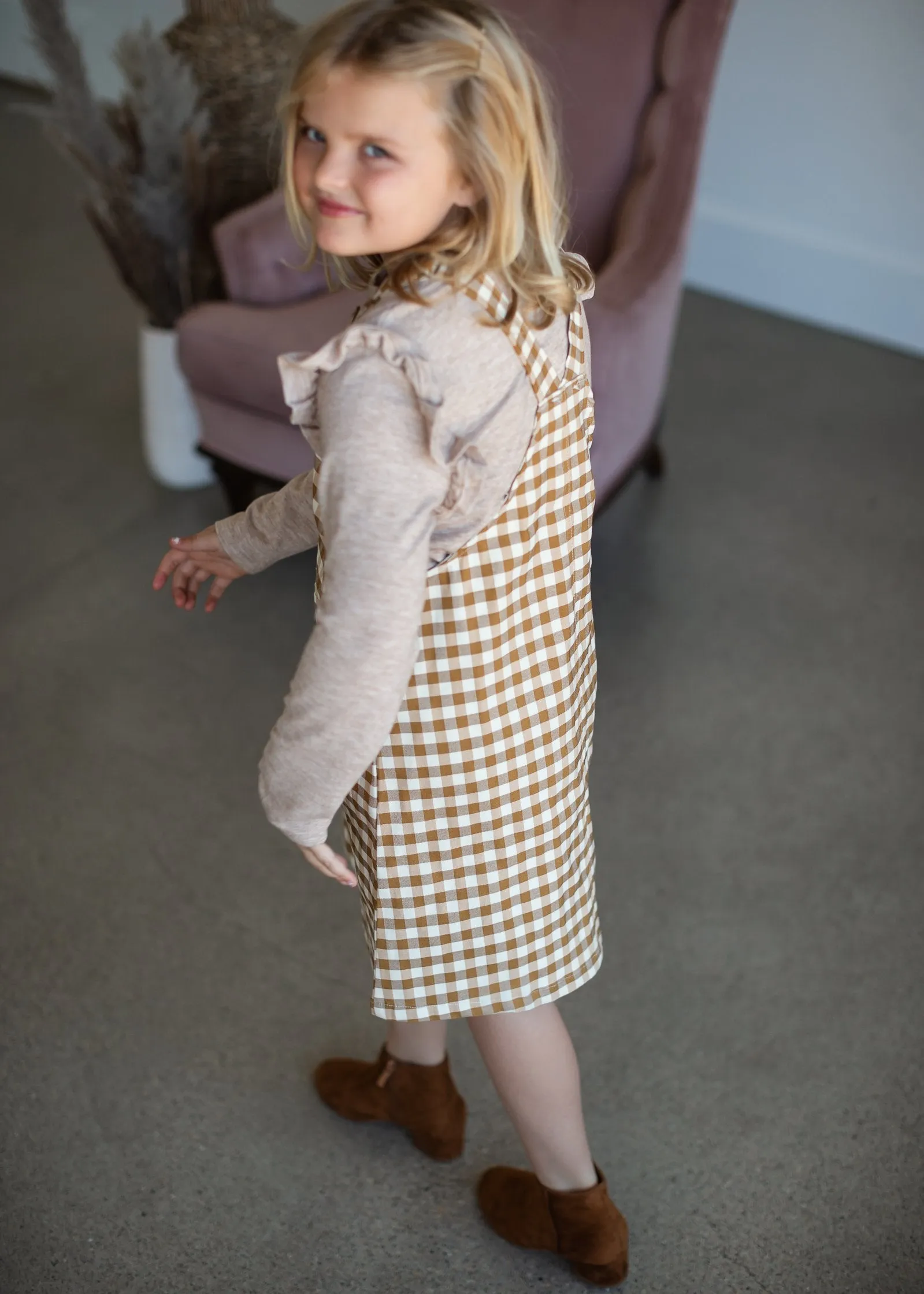 Girls Gingham Racerback Overall Pocketed Dress-FINAL SALE