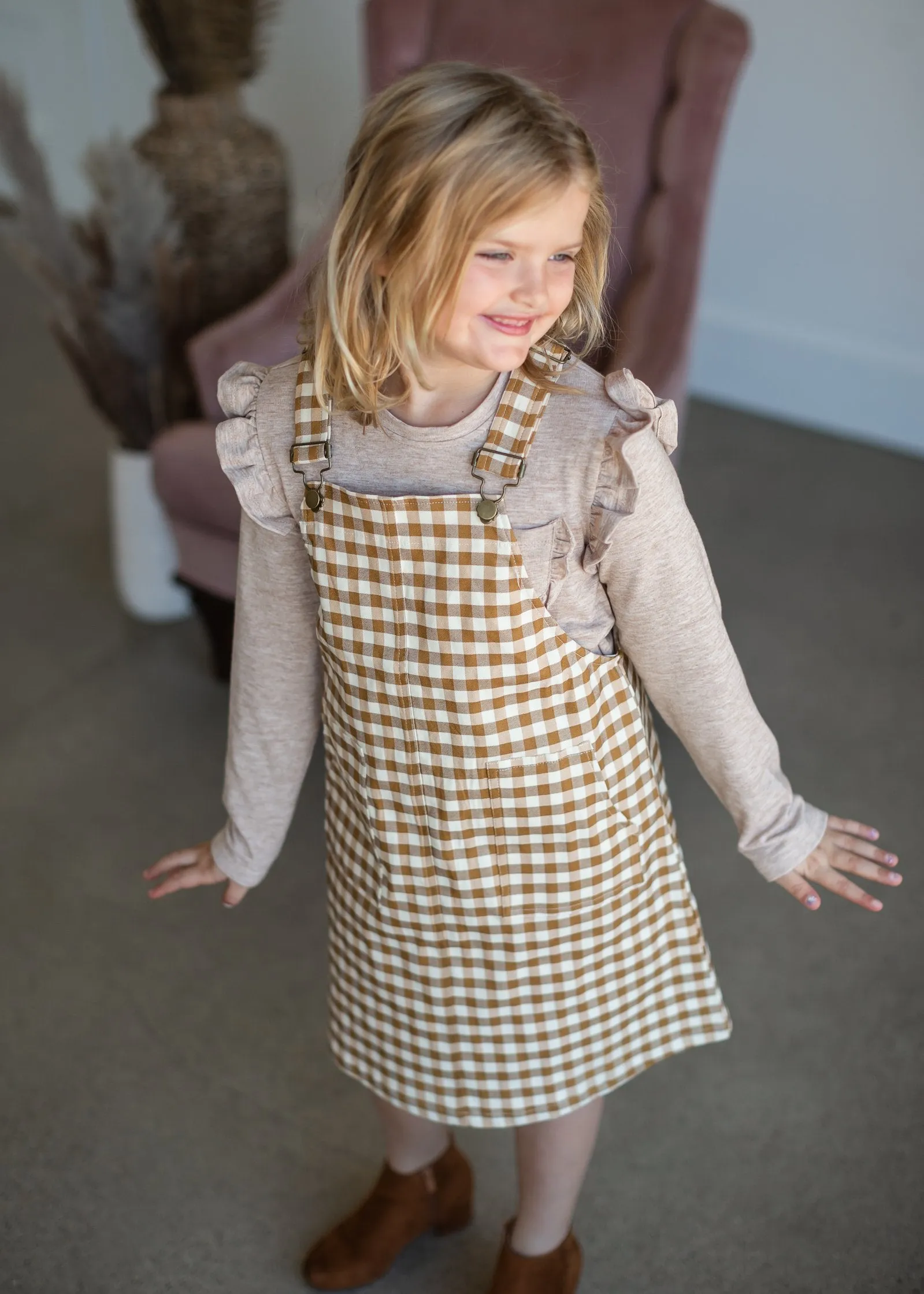 Girls Gingham Racerback Overall Pocketed Dress-FINAL SALE