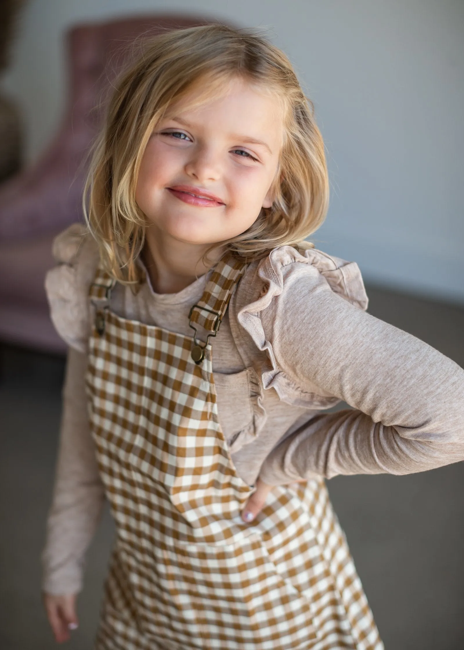 Girls Gingham Racerback Overall Pocketed Dress-FINAL SALE