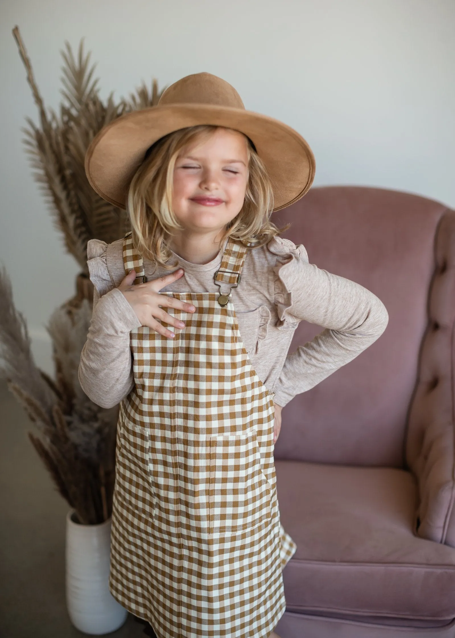 Girls Gingham Racerback Overall Pocketed Dress-FINAL SALE