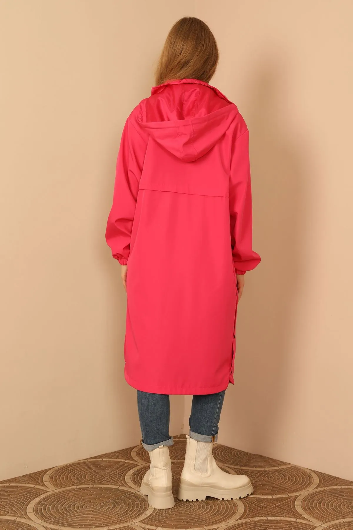 KKT Bondig Fabric Long Hooded Women Raincoat-Fuchia - Pueblo West
