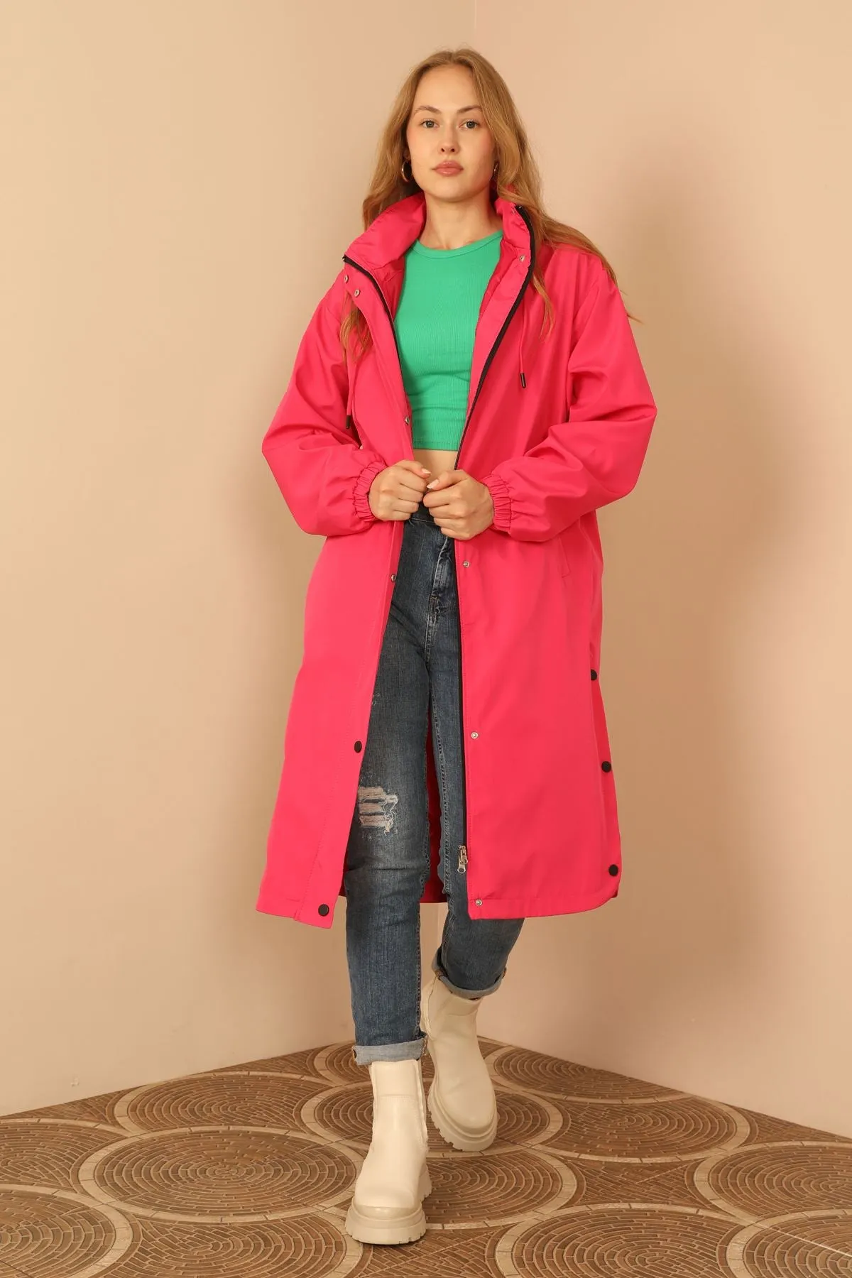 KKT Bondig Fabric Long Hooded Women Raincoat-Fuchia - Pueblo West