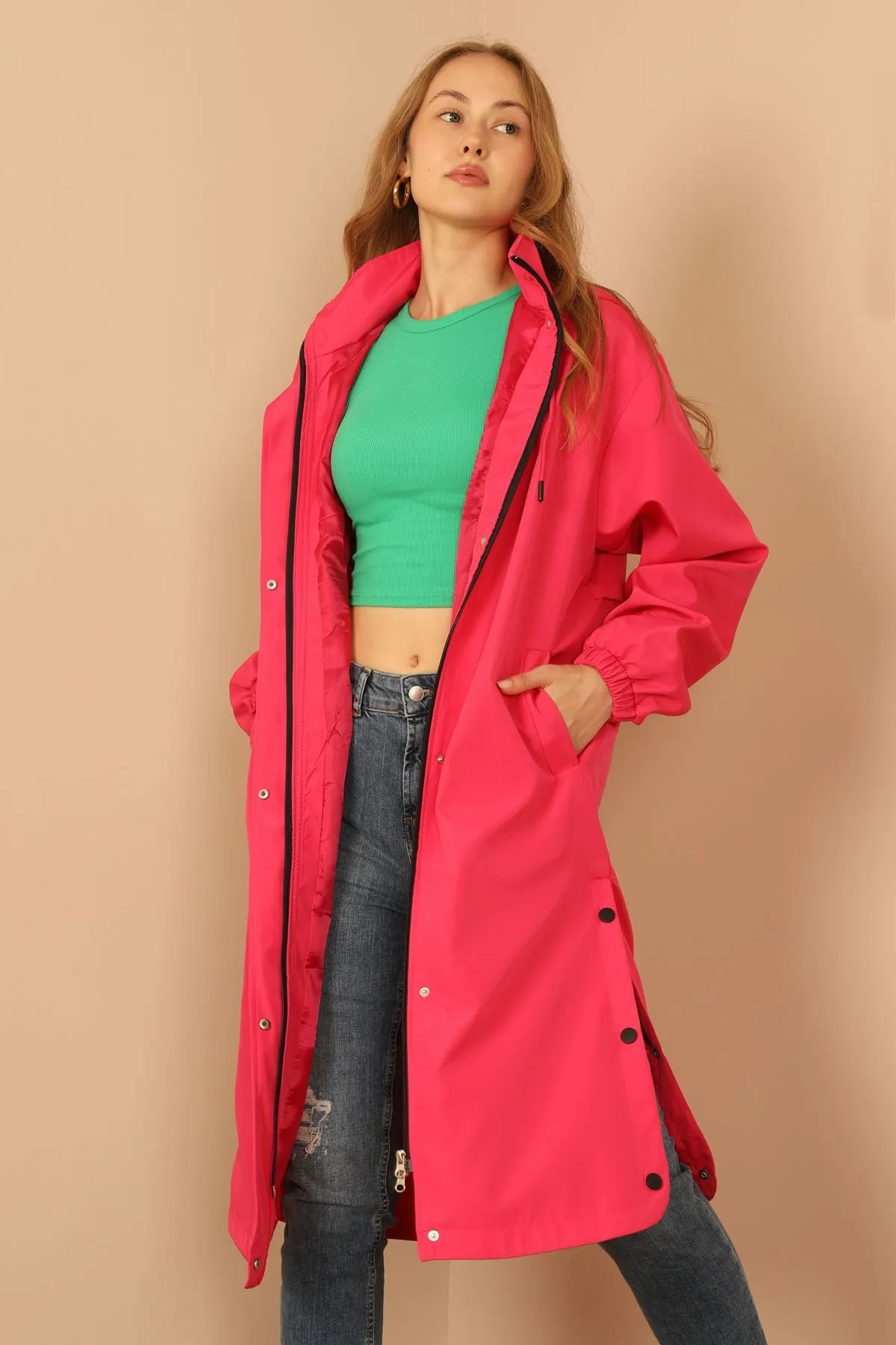 KKT Bondig Fabric Long Hooded Women Raincoat-Fuchia - Pueblo West