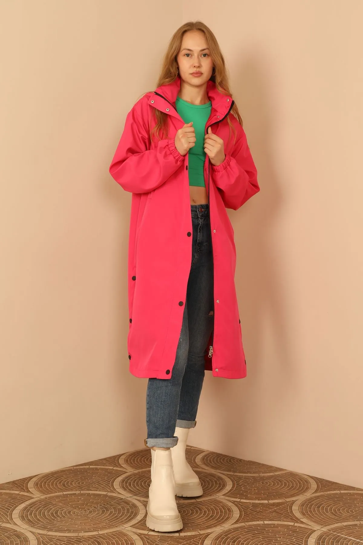 KKT Bondig Fabric Long Hooded Women Raincoat-Fuchia - Pueblo West