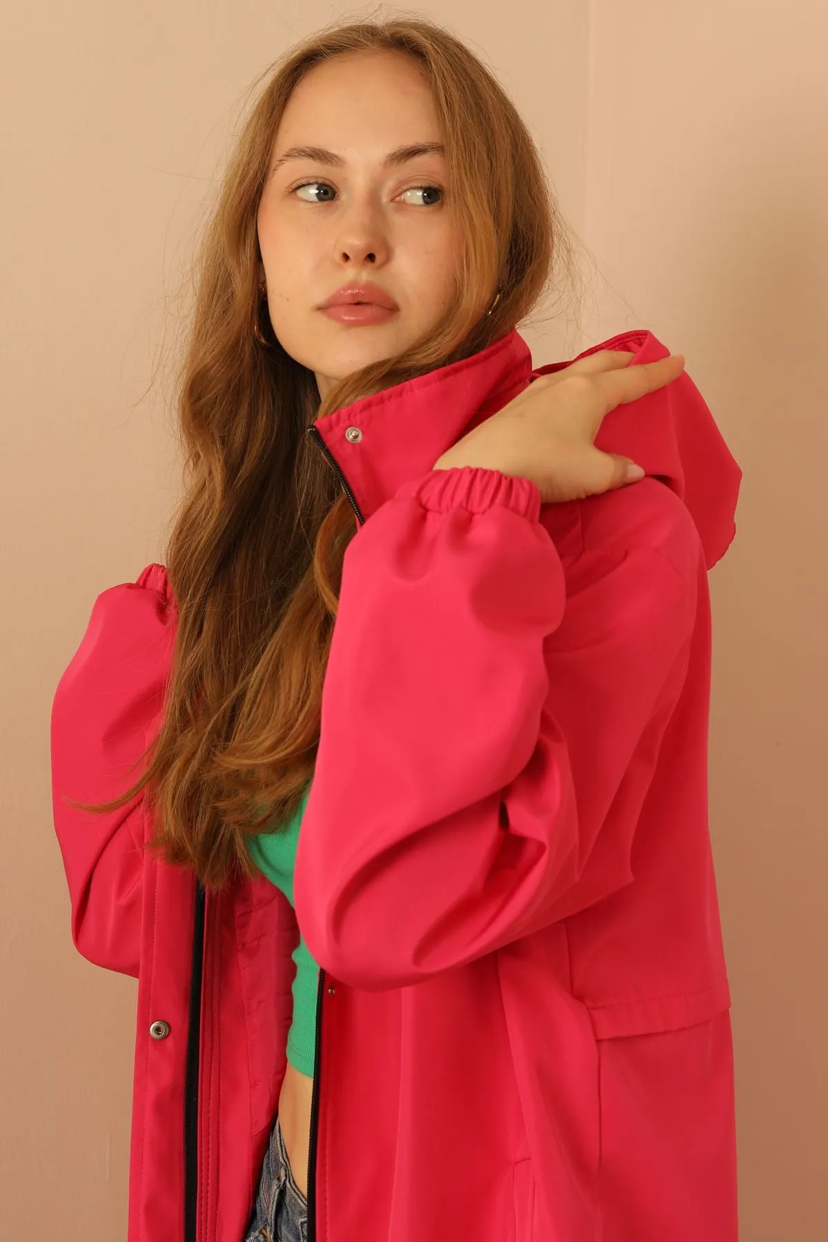KKT Bondig Fabric Long Hooded Women Raincoat-Fuchia - Pueblo West