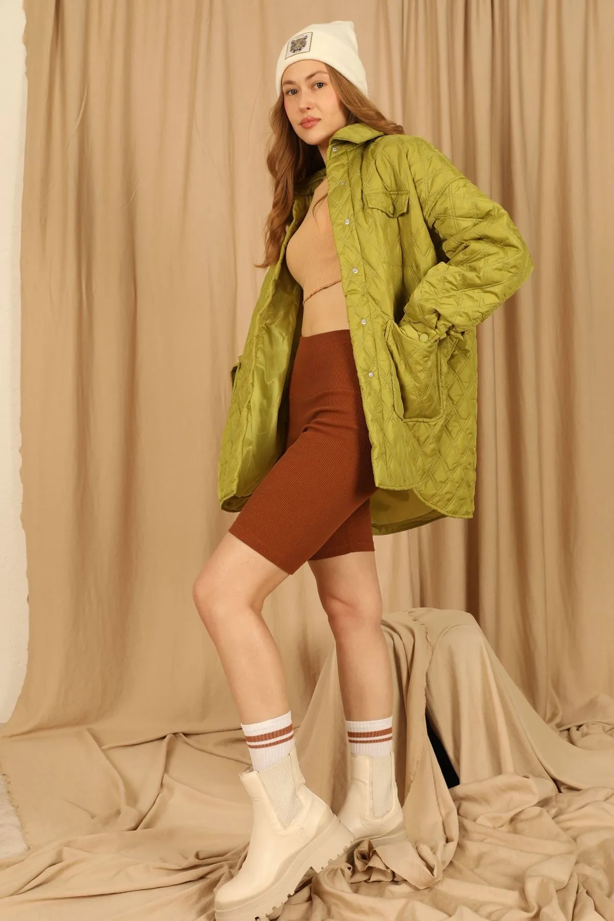 KKT Quilted Fabric Double Stitch Pattern Women Coats-Oil Green - Ludwigshafen