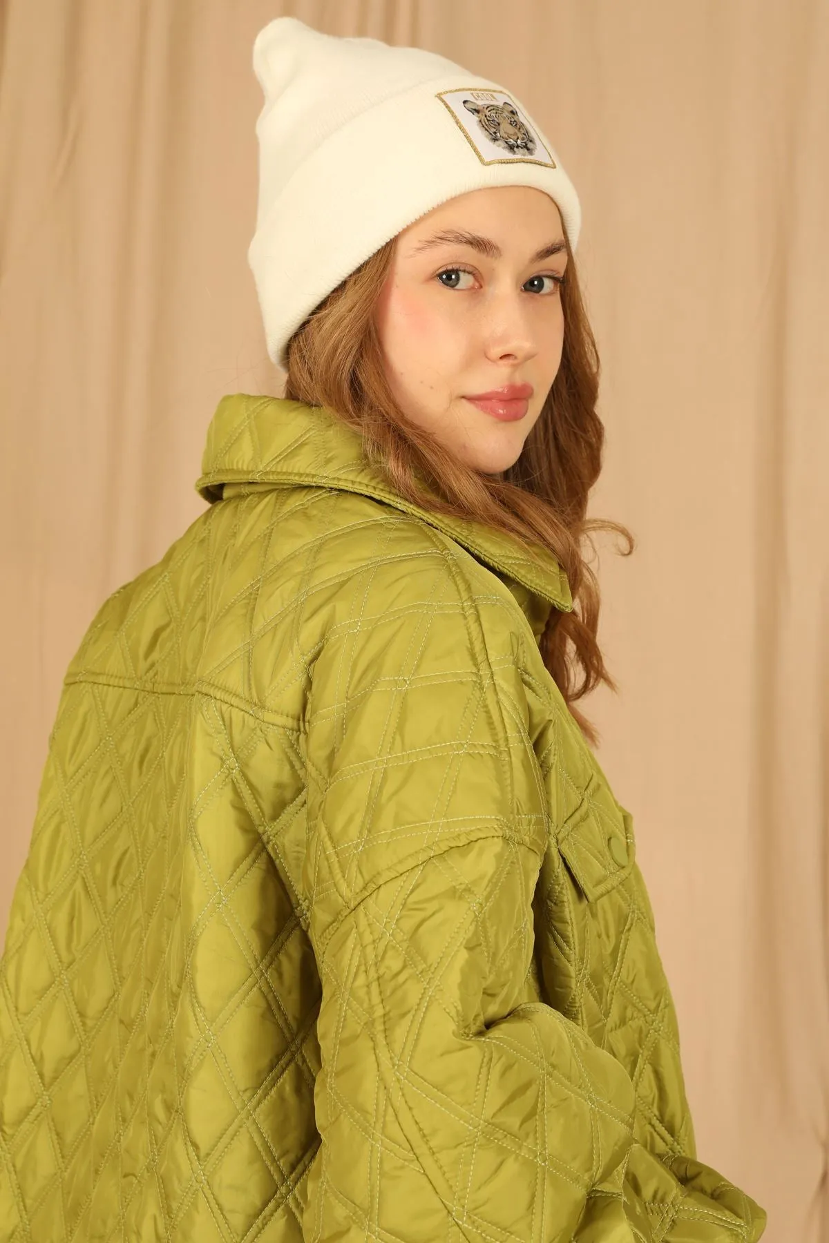 KKT Quilted Fabric Double Stitch Pattern Women Coats-Oil Green - Ludwigshafen