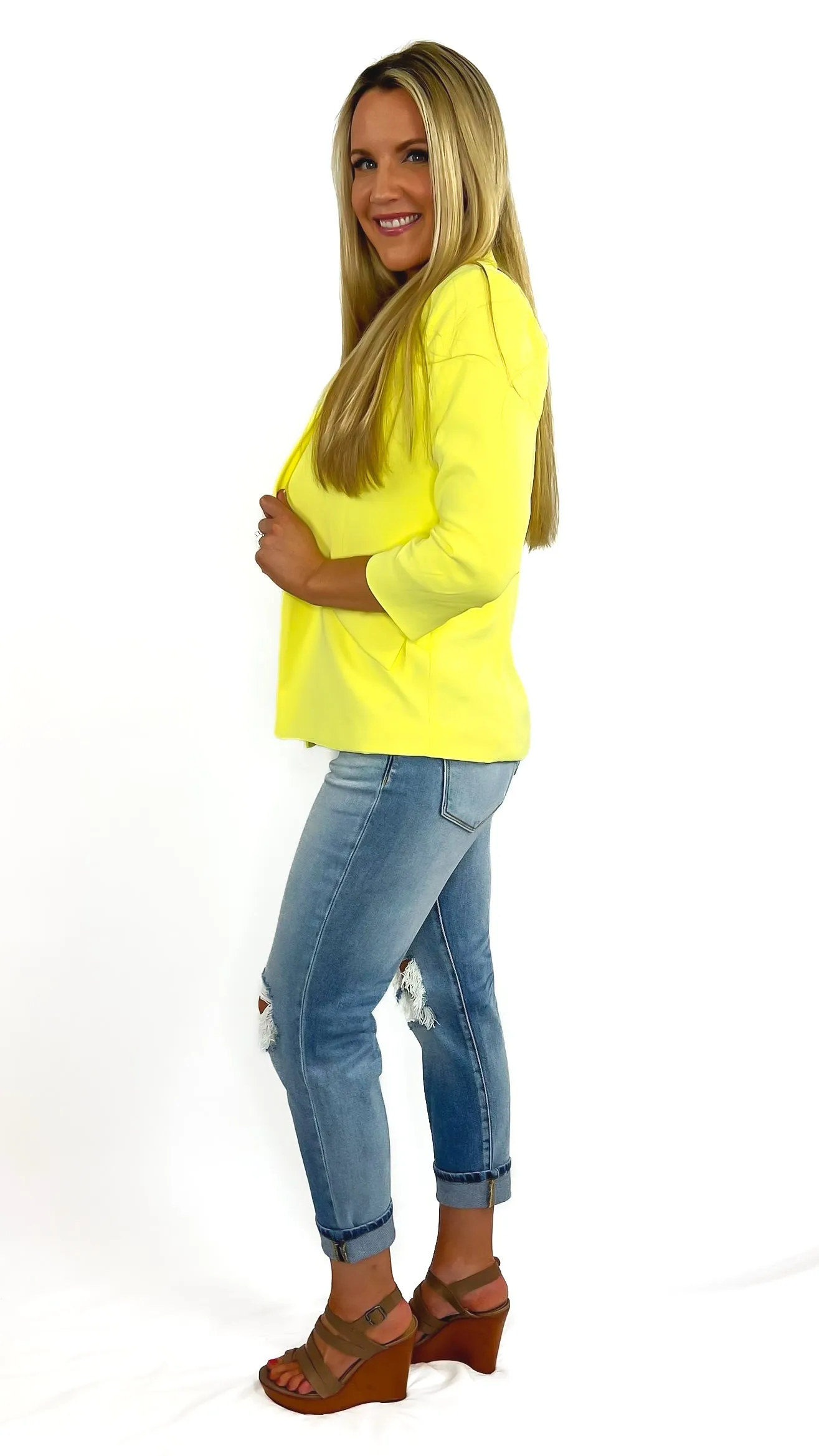 Kyle Shirred Sleeve Pocket Blazer- Lemon Lime
