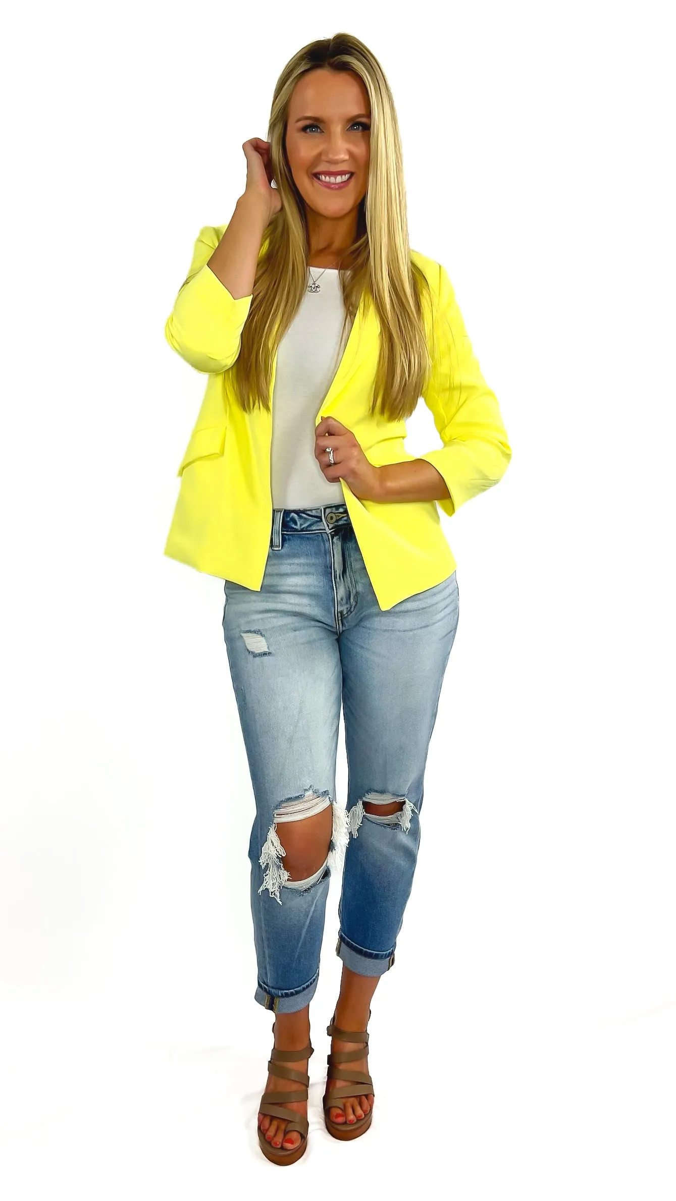 Kyle Shirred Sleeve Pocket Blazer- Lemon Lime