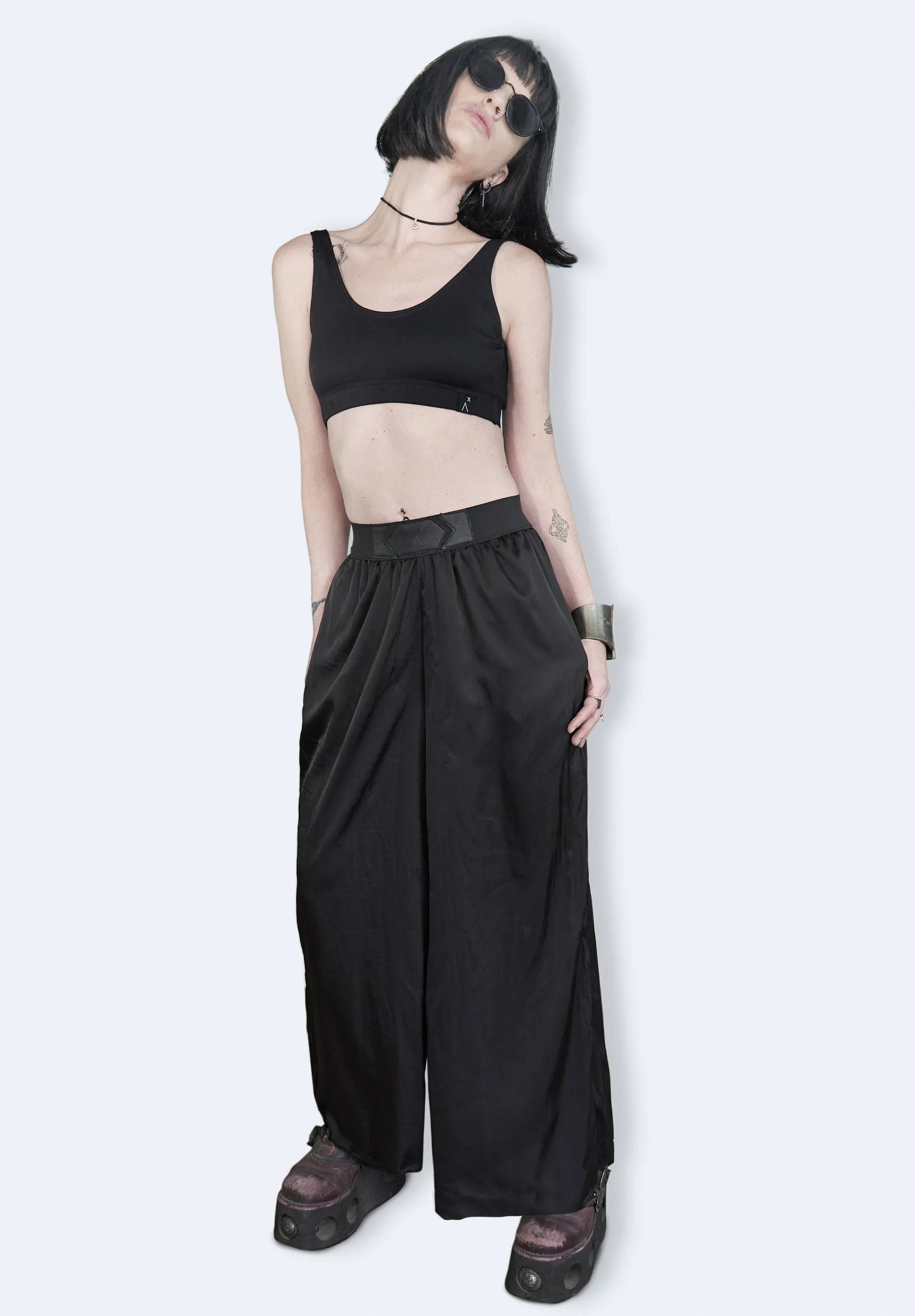 Leather laser engraved Black satin palazzo pants