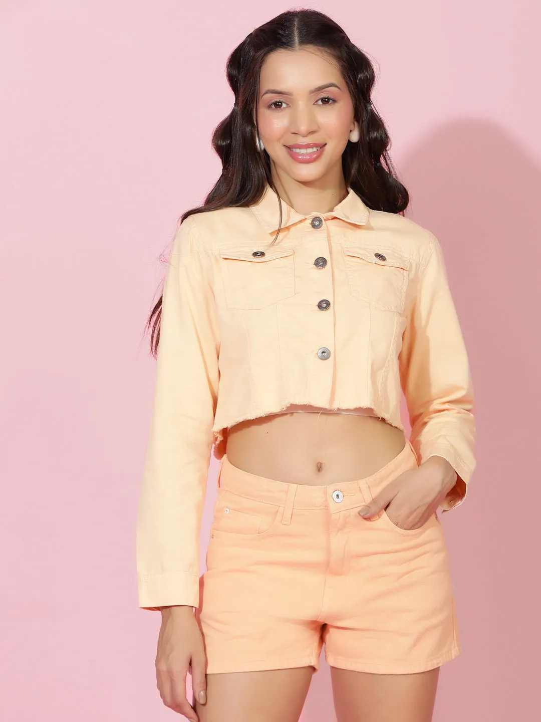 Light Pink Cropped Denim Jacket