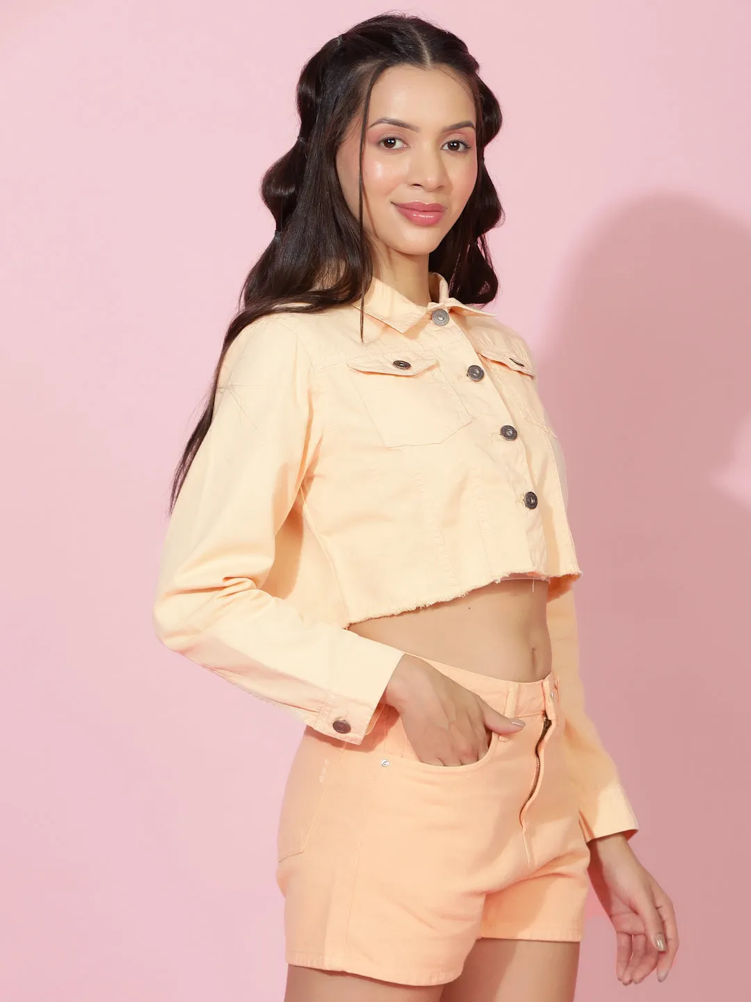 Light Pink Cropped Denim Jacket