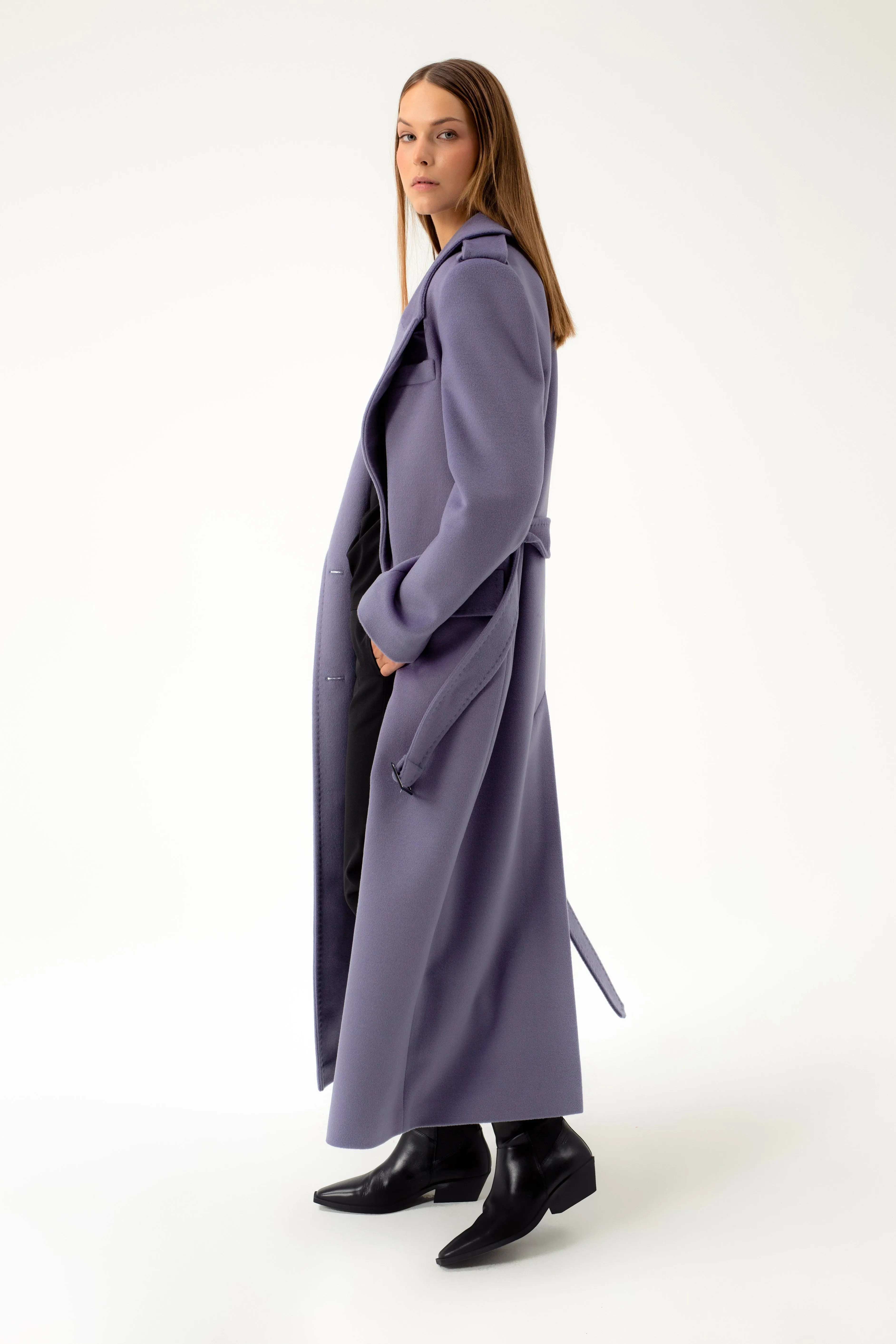 LONG DOUBLE-BREASTED WOOL COAT WITH BELT