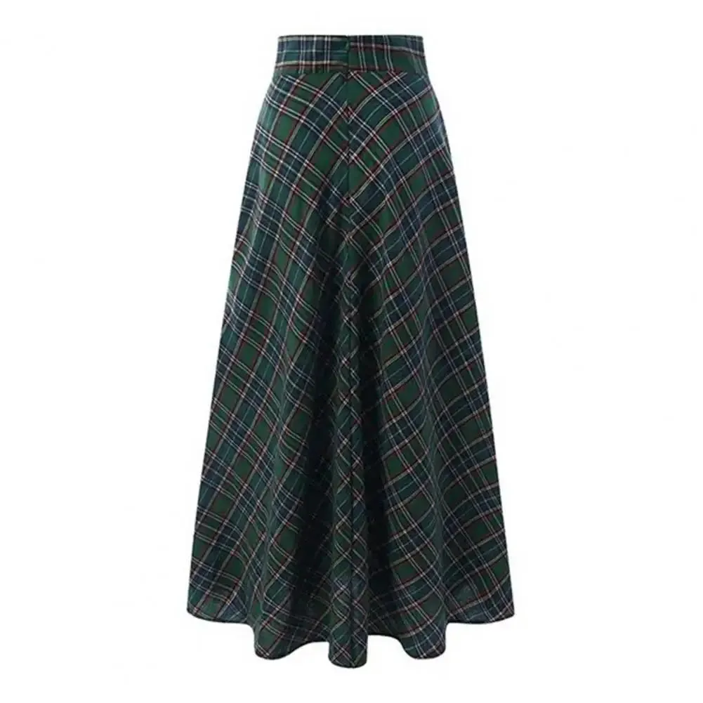 LVSANW Spring Autumn Women Maxi Skirt A-Line Plaid Print High Waist Floor Length Large Hem Skirt Comfortable Plaid Print Lady Skirt