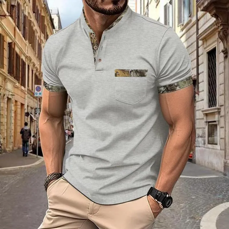 Men's Casual Colorblock Stand Collar Button Slim Fit Short Sleeve T-shirt 72559752M