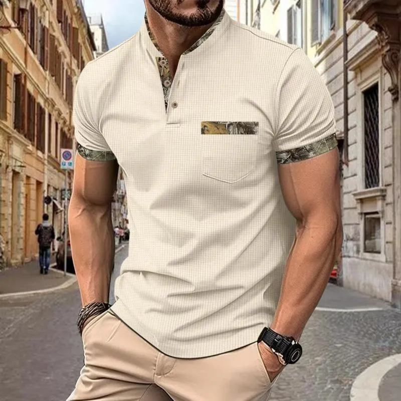 Men's Casual Colorblock Stand Collar Button Slim Fit Short Sleeve T-shirt 72559752M