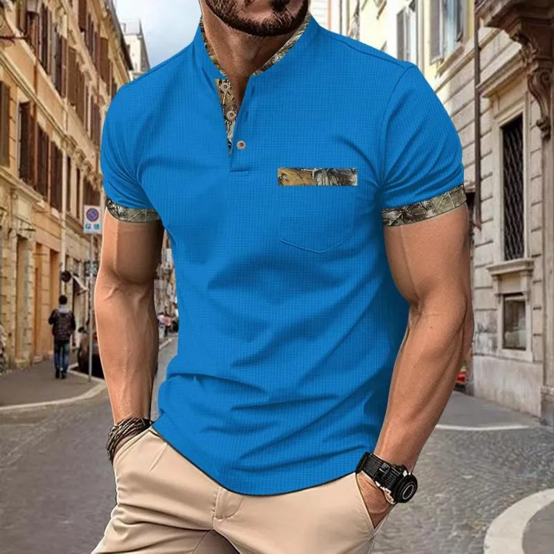 Men's Casual Colorblock Stand Collar Button Slim Fit Short Sleeve T-shirt 72559752M