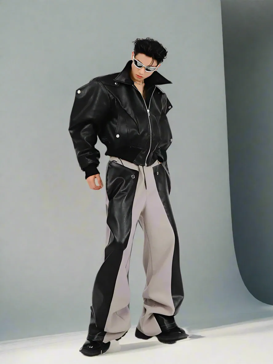 Men's Straight Pants in Green and Black PU Leather - Patchwork Cybercore Style