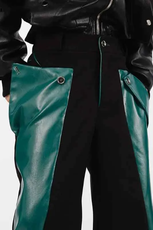 Men's Straight Pants in Green and Black PU Leather - Patchwork Cybercore Style