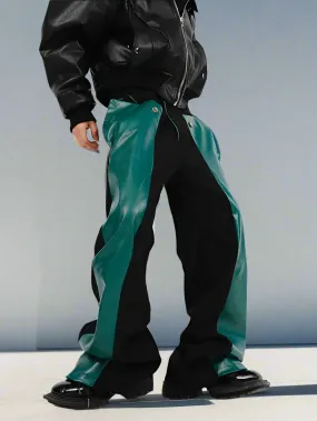 Men's Straight Pants in Green and Black PU Leather - Patchwork Cybercore Style