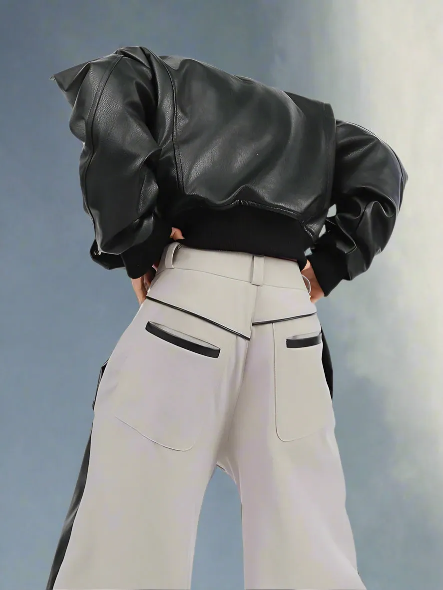 Men's Straight Pants in Green and Black PU Leather - Patchwork Cybercore Style