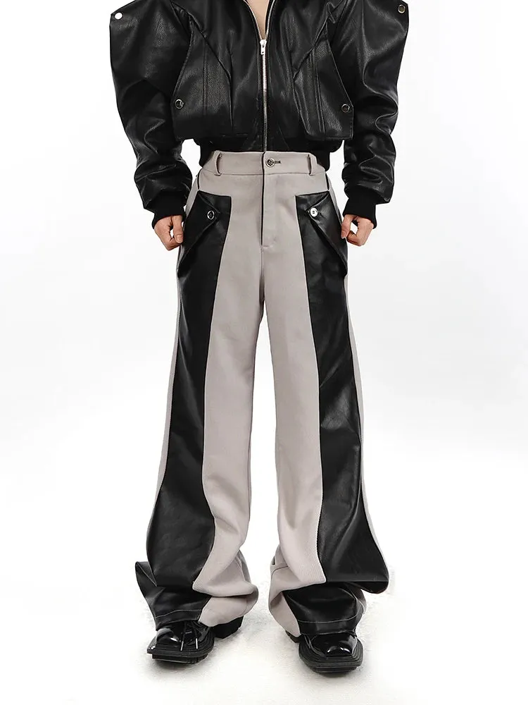 Men's Straight Pants in Green and Black PU Leather - Patchwork Cybercore Style