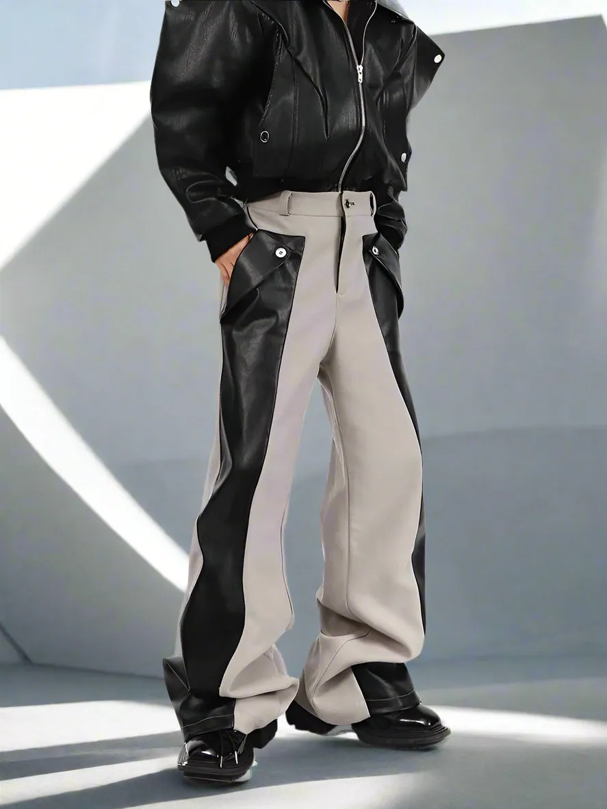 Men's Straight Pants in Green and Black PU Leather - Patchwork Cybercore Style
