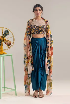 Multicolour Flora Embellished Draped Skirt Set With Cape