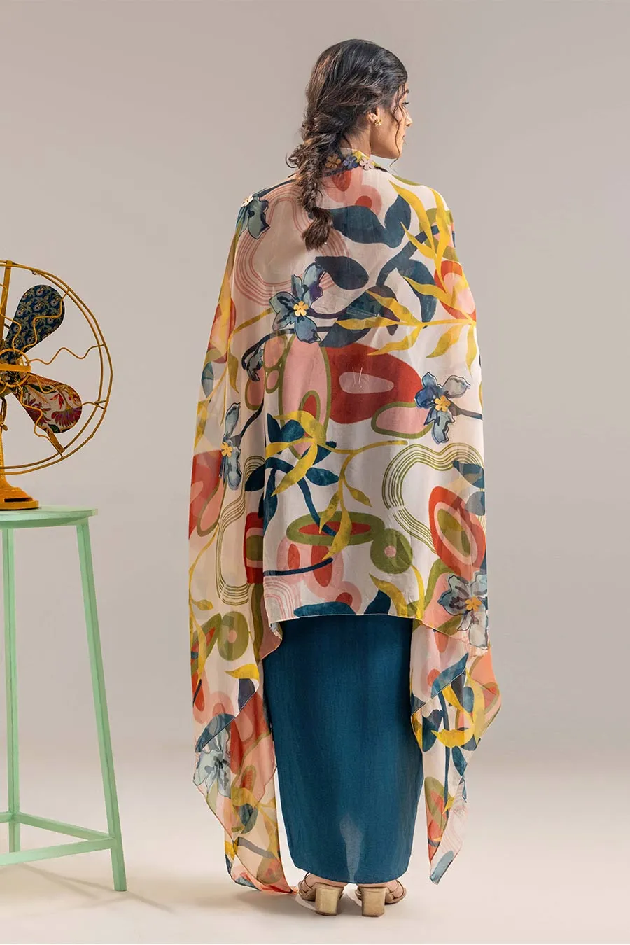 Multicolour Flora Embellished Draped Skirt Set With Cape