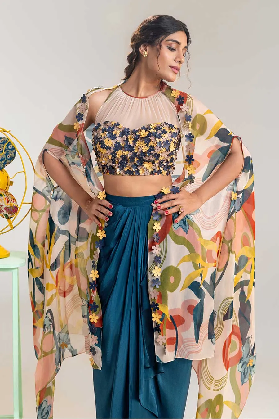 Multicolour Flora Embellished Draped Skirt Set With Cape