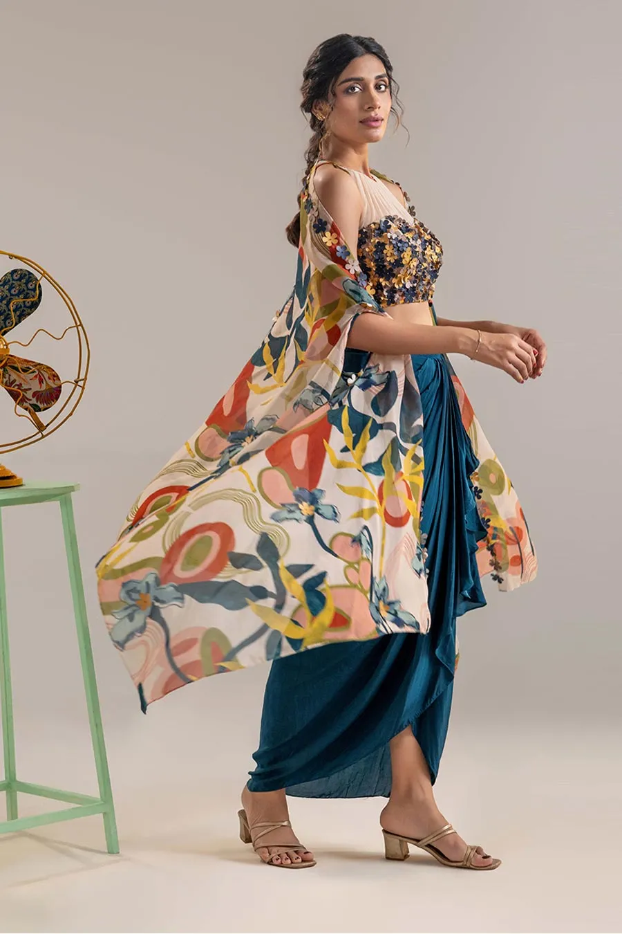 Multicolour Flora Embellished Draped Skirt Set With Cape