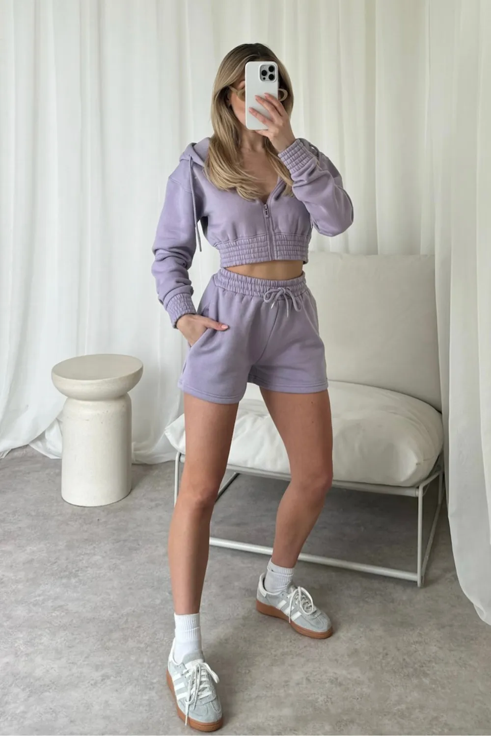 Naomi lilac cropped jacket and shorts