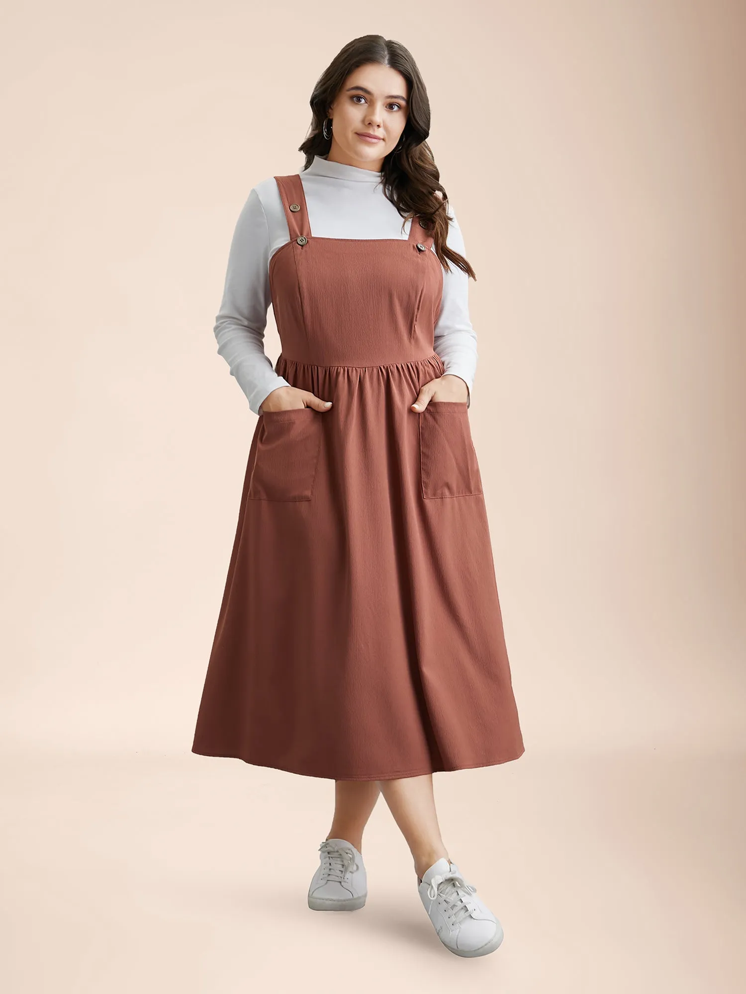 Overall Straps Stretchy-Waist Pockets Midi Dress