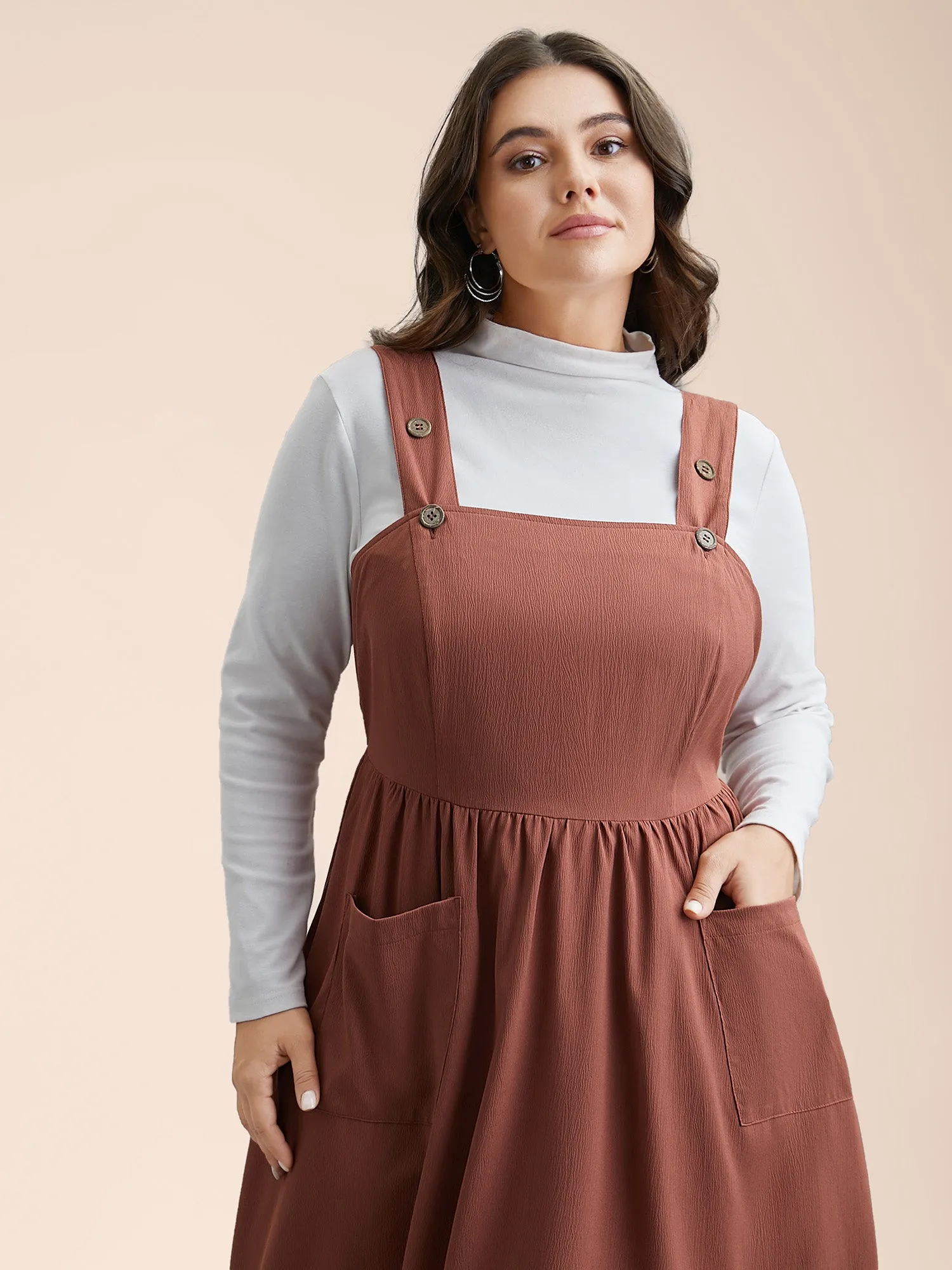 Overall Straps Stretchy-Waist Pockets Midi Dress