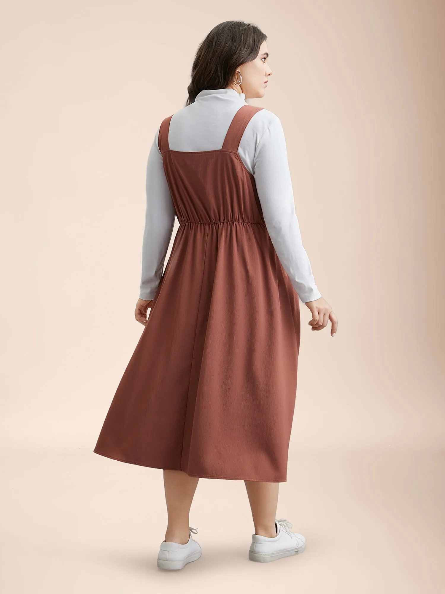 Overall Straps Stretchy-Waist Pockets Midi Dress