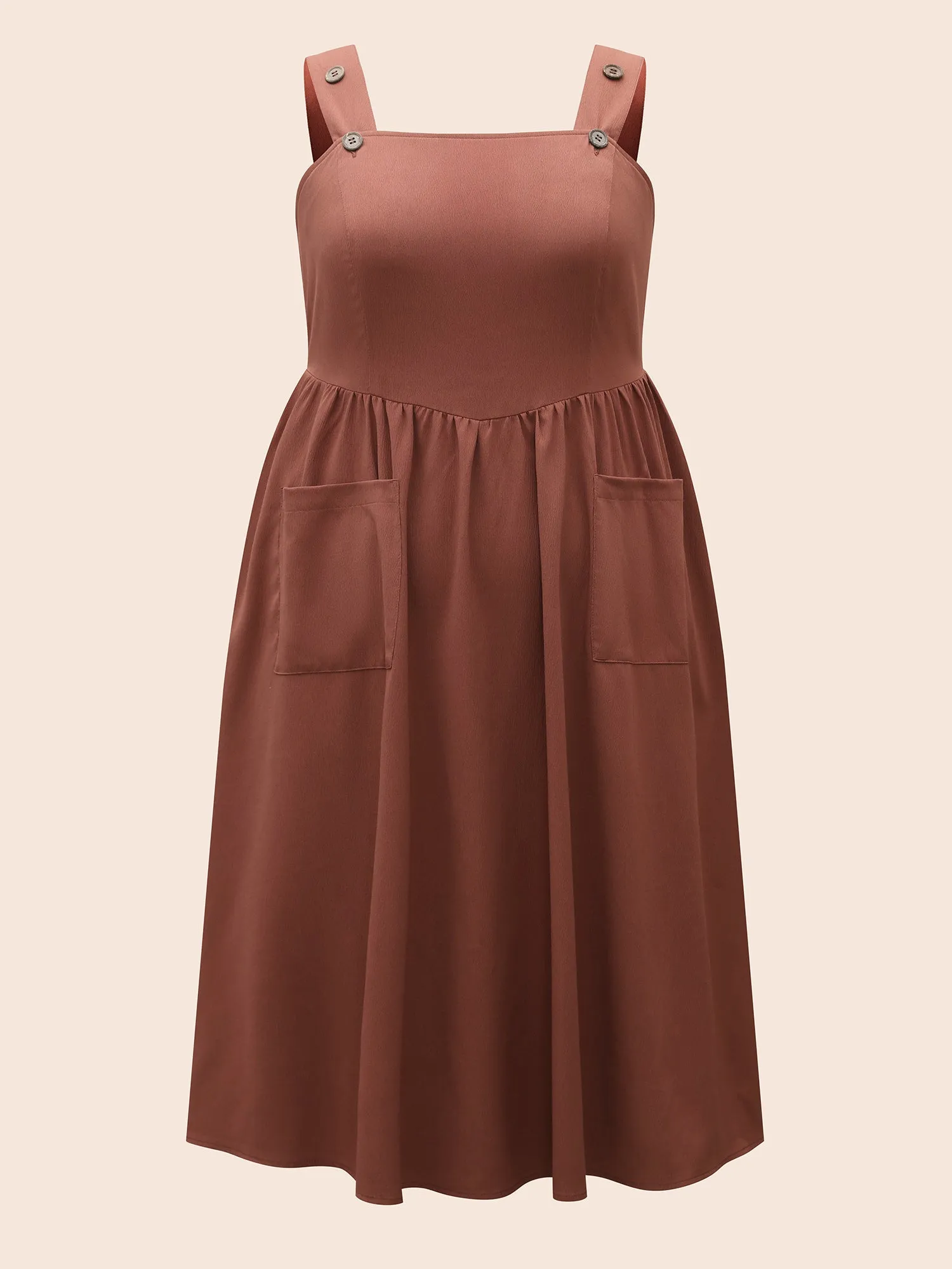 Overall Straps Stretchy-Waist Pockets Midi Dress