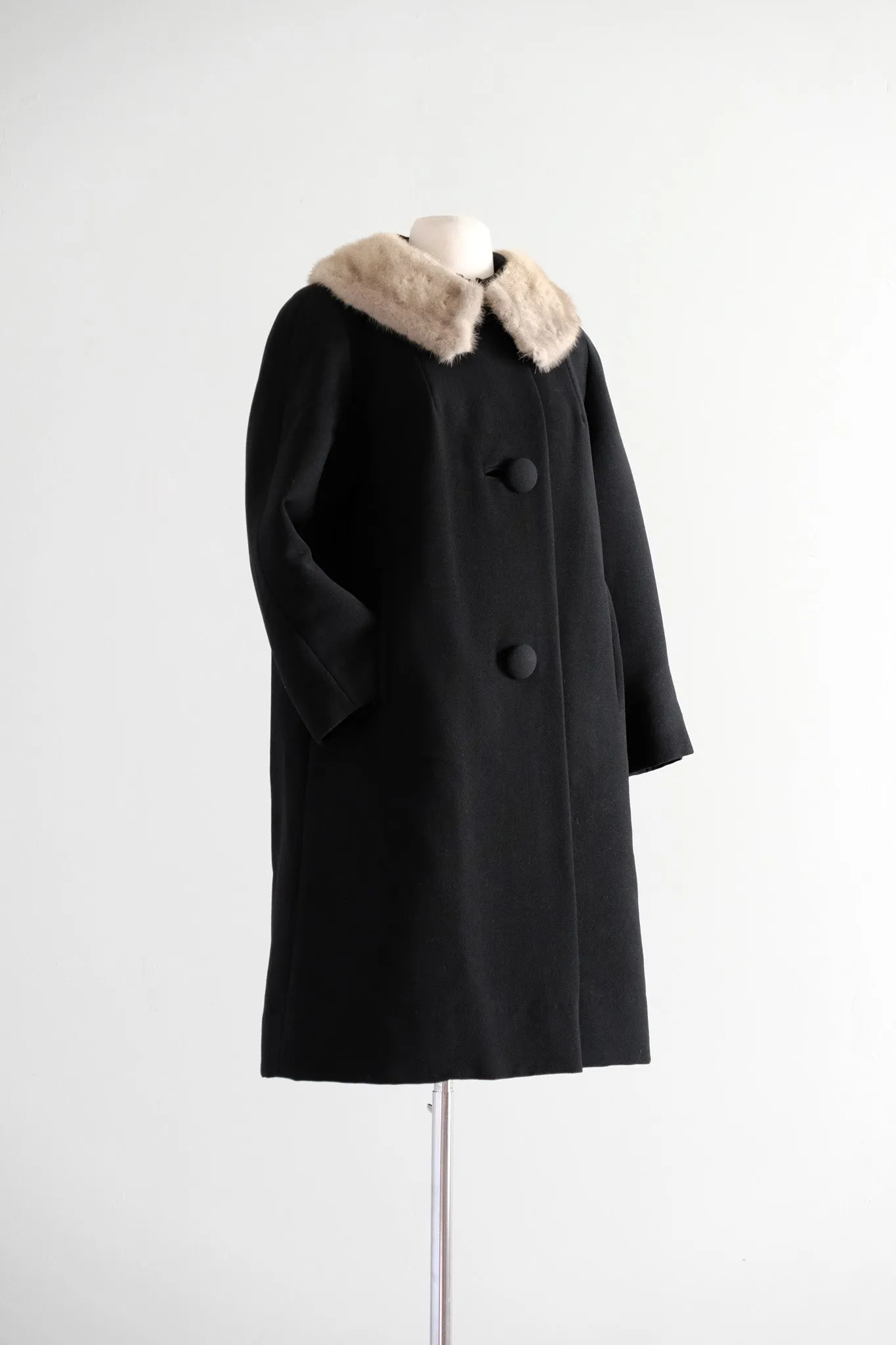 Posh 1960's Black Wool & Silver Mink Cocoon Coat / Sz M L