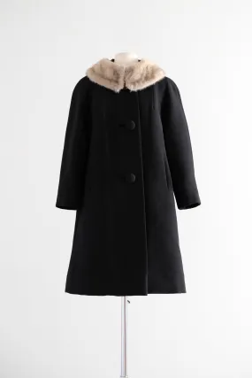 Posh 1960's Black Wool & Silver Mink Cocoon Coat / Sz M L