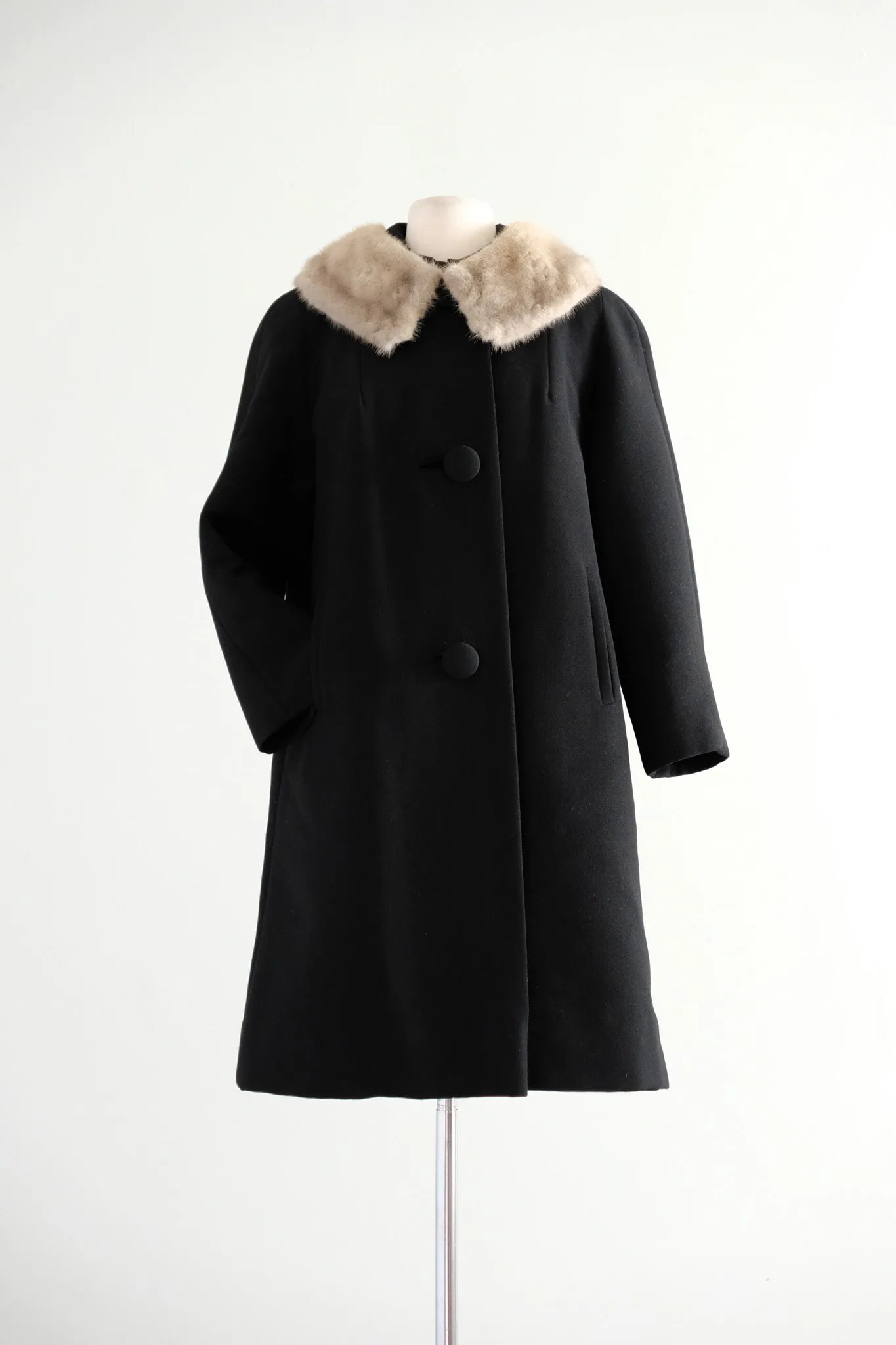 Posh 1960's Black Wool & Silver Mink Cocoon Coat / Sz M L