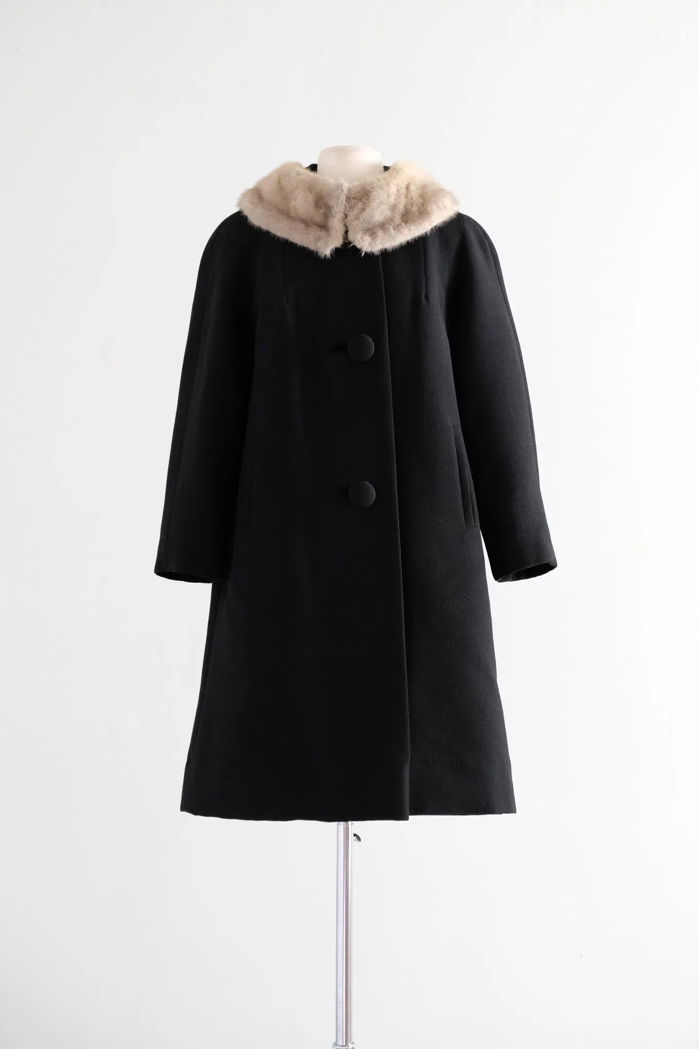 Posh 1960's Black Wool & Silver Mink Cocoon Coat / Sz M L