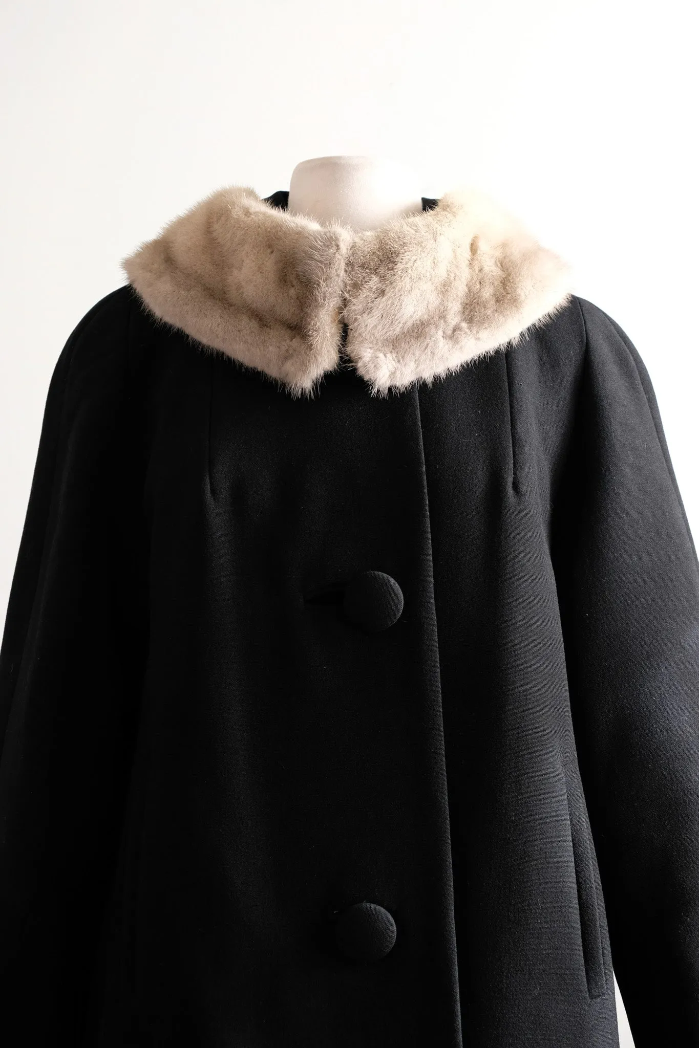 Posh 1960's Black Wool & Silver Mink Cocoon Coat / Sz M L
