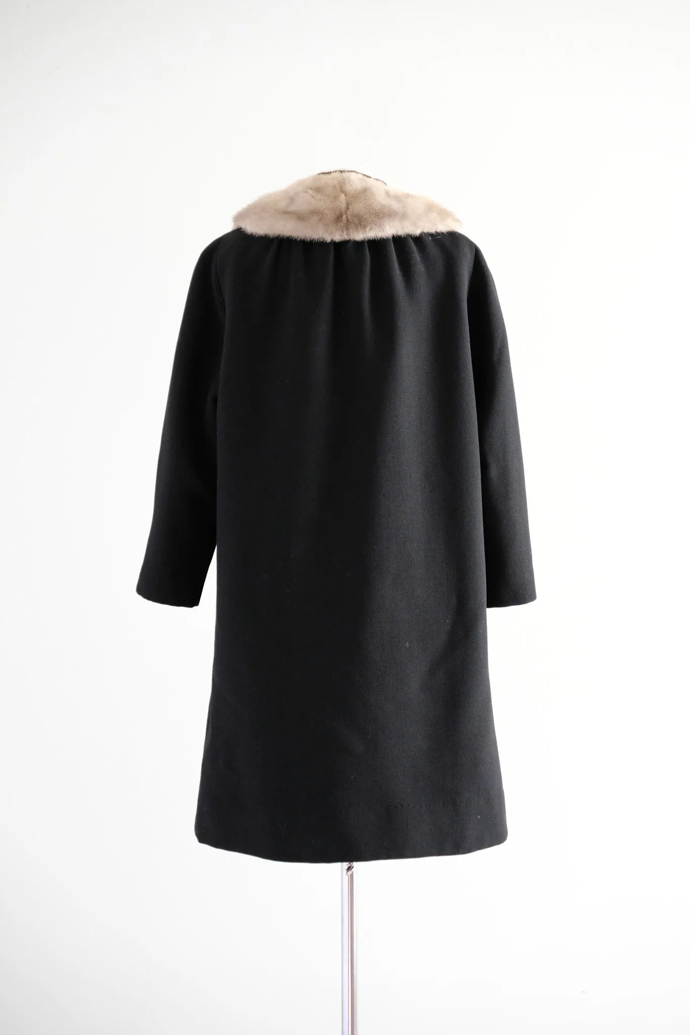 Posh 1960's Black Wool & Silver Mink Cocoon Coat / Sz M L