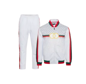Premium GG Men's White Jogging Set Jackets and Pants Red and Green Strip