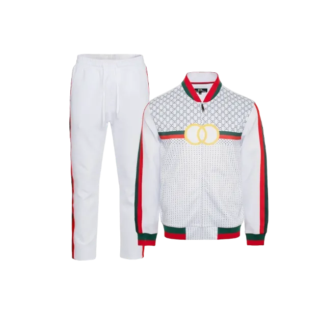 Premium GG Men's White Jogging Set Jackets and Pants Red and Green Strip