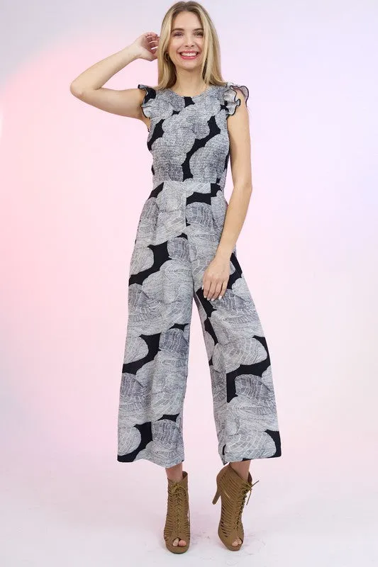 PRINTED FLUTTER-SLEEVE JUMPSUIT
